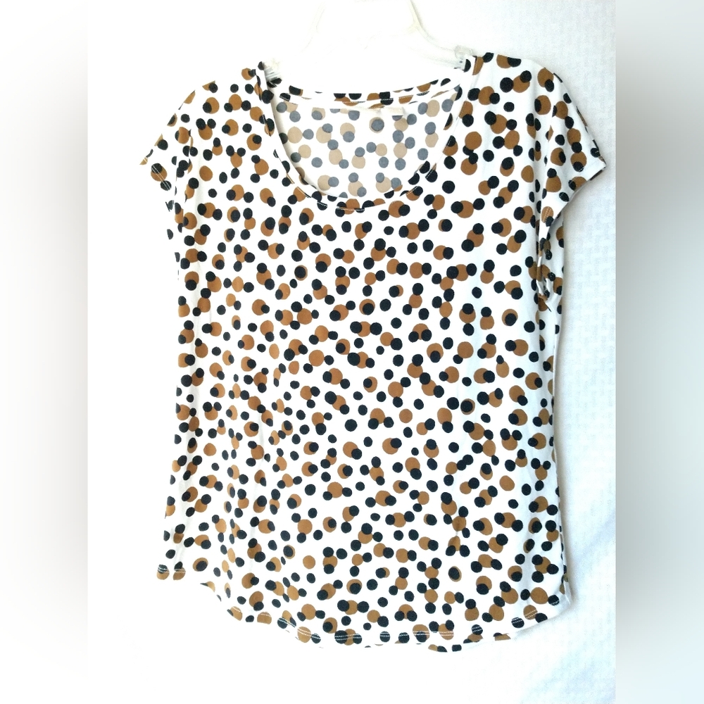 Chico's Knit Top Brown Black Dots Short Sleeve Size Medium 8 Chest 36"